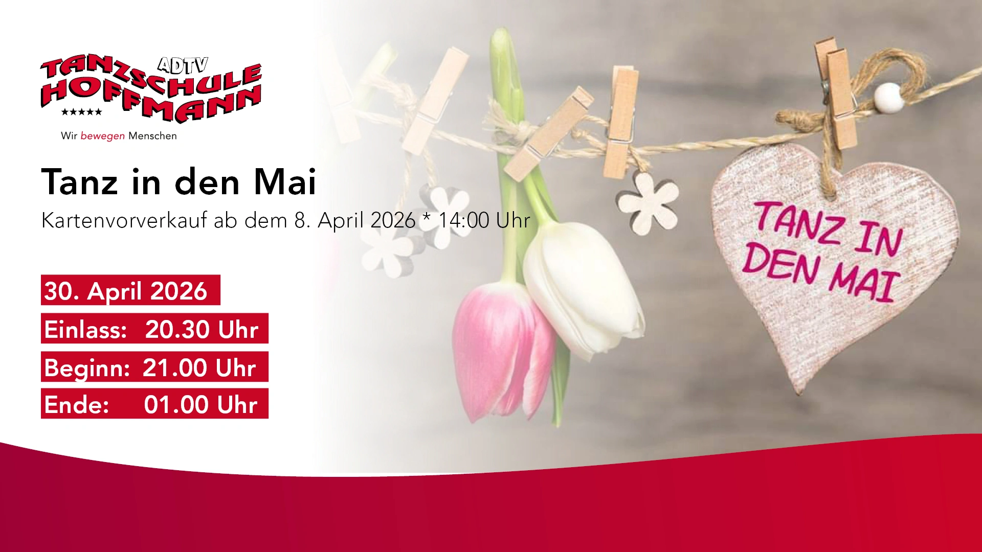 Ankündigung der Veranstaltung „Tanz in den Mai“ der ADTV Tanzschule Hoffmann Braunschweig am 30. April 2026, dekoriert mit Frühlingsblumen und einem Holzherzen.