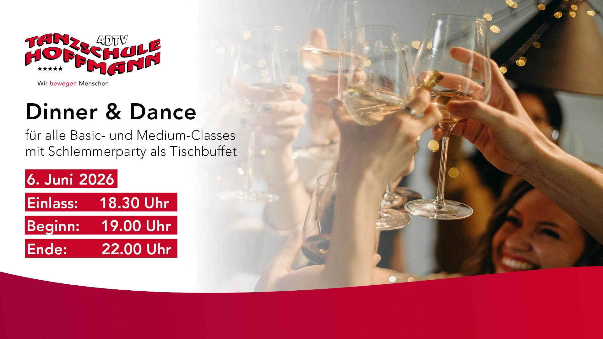 Ankündigung der „Dinner & Dance“-Party mit Schlemmerbuffet am 6. Juni 2026 in der ADTV Tanzschule Hoffmann für Basic- und Medium-Classes.